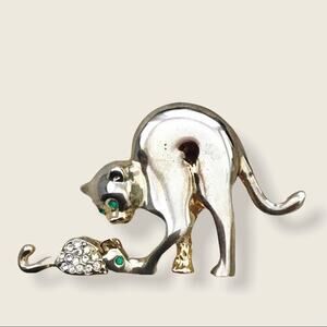 Vintage Cat and Mouse Pin Gold Green Crystal & Silver Tone Brooch